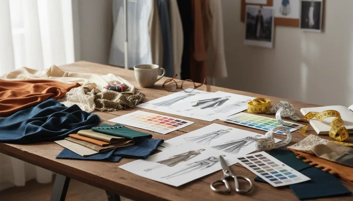Fashion designer workspace showing fabric swatches and color palettes used to adapt runway trends for retail inventory.