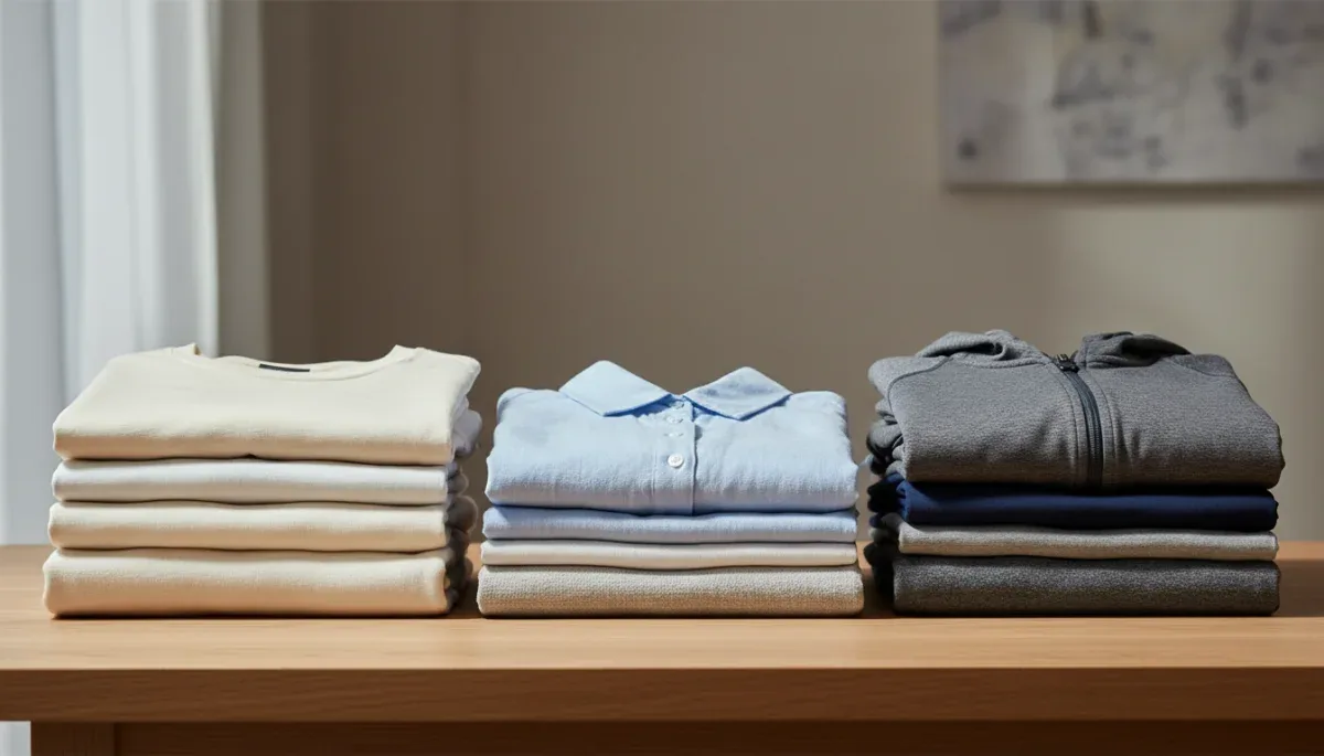 Comparison of natural cotton and synthetic blend fabrics stacked on a wooden surface.
