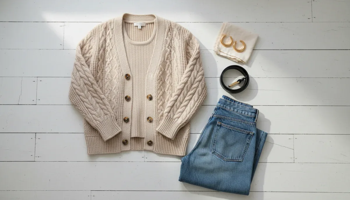 Flat lay outfit of an oatmeal knitwear set with gold accessories and denim
