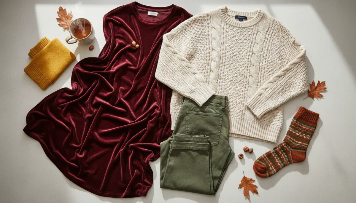 Autumn fabric swatches and clothing pieces suitable for comfortable holiday wear