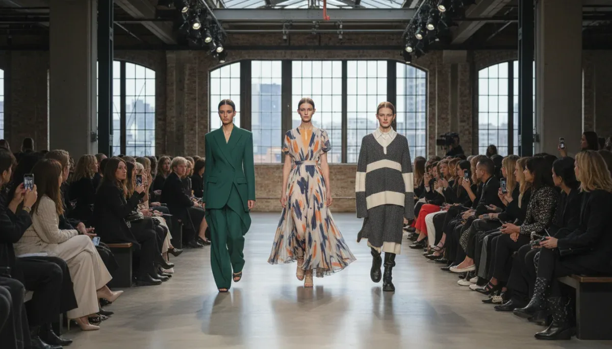 Audience watching a designer runway presentation at an open fashion week show.