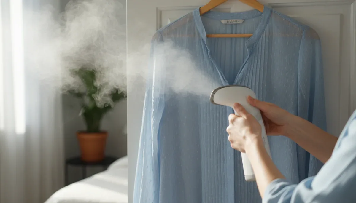 Using a handheld garment steamer on a delicate blouse hanging upright.