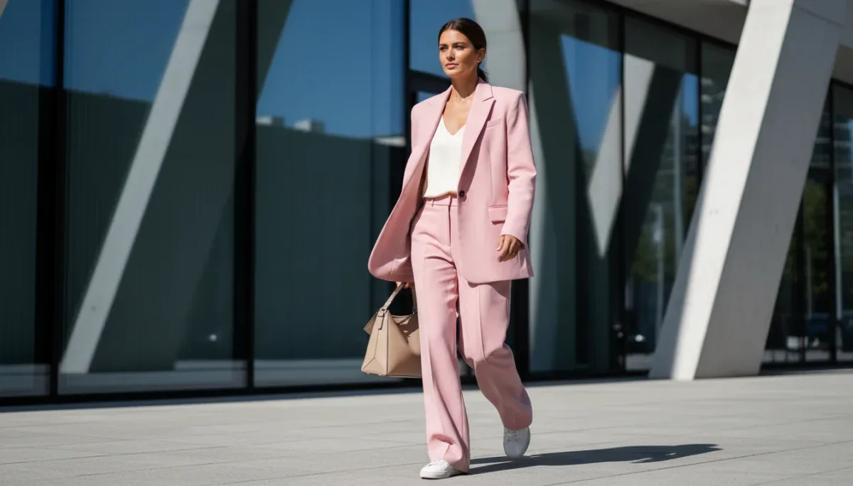Woman wearing a tailored pastel monochrome outfit with wide leg trousers and an oversized blazer