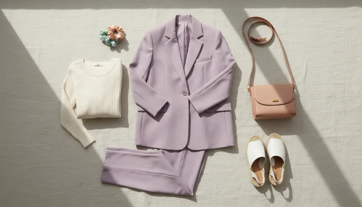 Flat lay of pastel wardrobe staples showing tailored trousers and blazer separates
