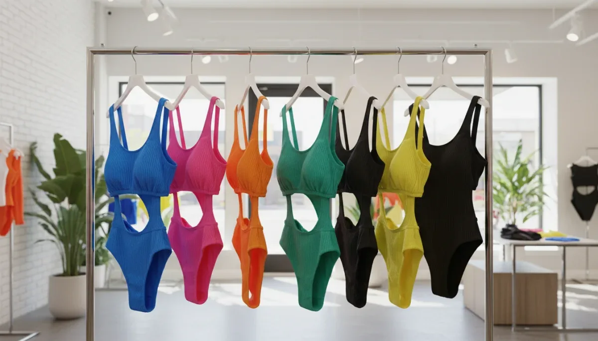 Row of colorful modern swimwear displaying textured fabrics and contemporary cuts on a boutique rack.