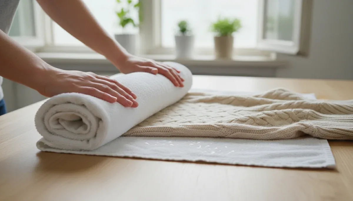 A beige knit sweater rolled inside a white towel to press out water.