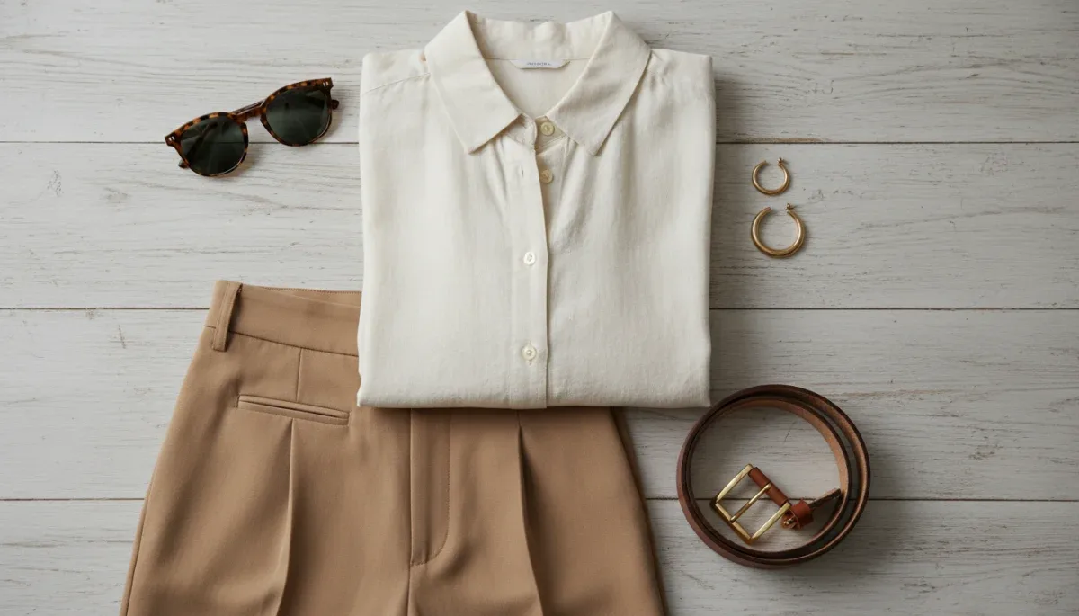 Flat lay of neutral button-down shirt tan linen trousers and classic accessories