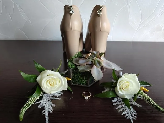 A photograph featuring a pair of affordable silver high heels with sparkly details, placed on a table with wedding decorations such as flowers and confetti.