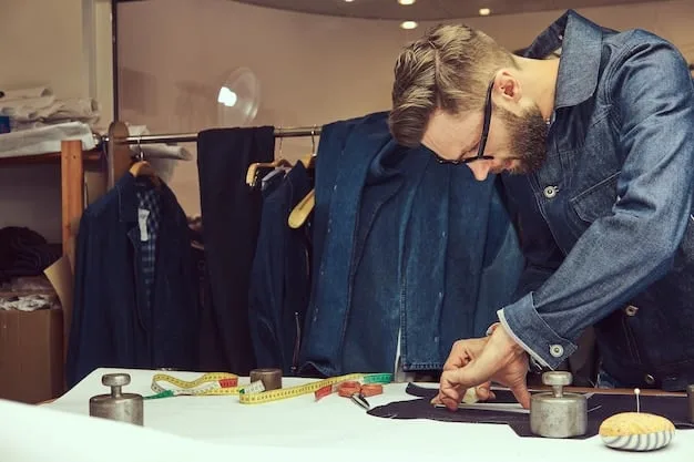 A shopper carefully inspecting the seams and stitching on a designer jacket inside an outlet store, highlighting the importance of quality assessment.