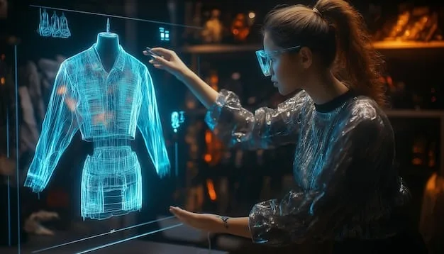 A futuristic image of a digitally rendered garment being designed on a screen. The background shows a seamless integration of data visualizations representing the garment's material sourcing, carbon footprint, and supply chain logistics. The overall aesthetic is high-tech, clean, and indicative of technology-driven sustainable fashion.