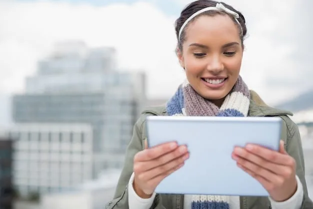 A woman smiling and holding a tablet showcasing the Rent the Runway app, highlighting the ease of browsing and selection available within the application.