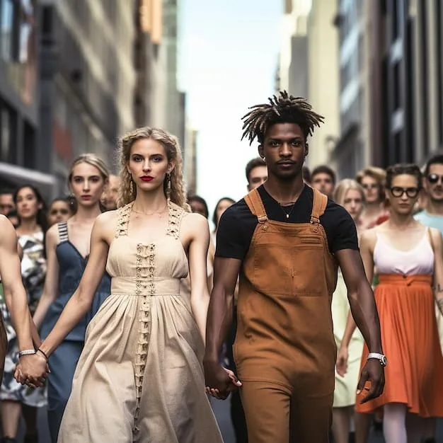 A group of diverse models, in terms of ethnicity, body shape, and gender identity, confidently walking the runway during a show at US Fashion Week 2025, showcasing inclusive designs.