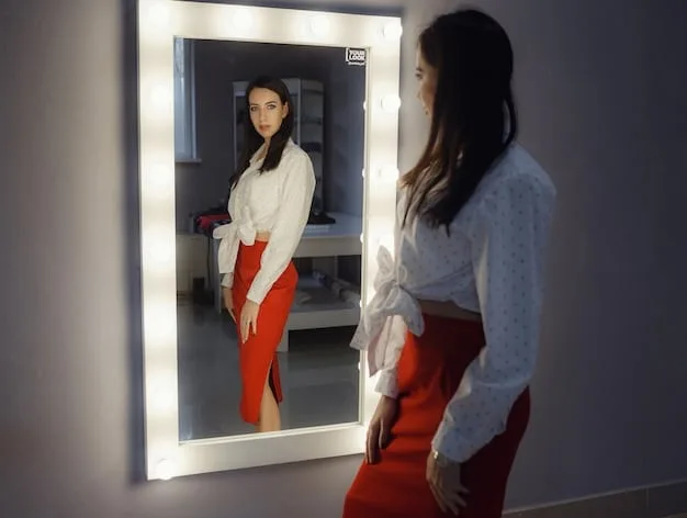 Shoppers interacting with a digital mirror that allows them to virtually try on different outfits. The scene is set in a modern, minimalist boutique with soft lighting and sleek displays.