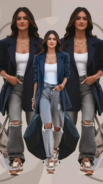 A collage of Kendall Jenner in various outfits showcasing her signature style, including a casual street-style look, a chic business-casual ensemble, and a glamorous red-carpet appearance.