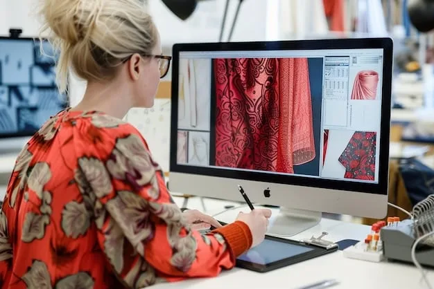 A fashion designer working in a digitally advanced studio, using software to design garments from sustainable fabrics. The studio is filled with high-tech equipment such as 3D printers, laser cutters, and interactive screens displaying fabric simulations and environmental impact data.