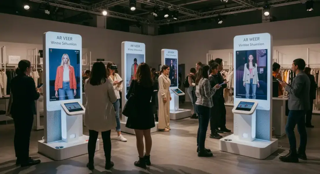 Fashion event attendees using augmented reality for virtual clothing try-ons.