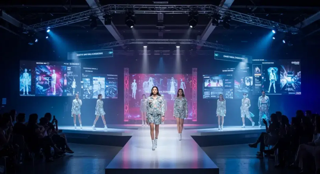 Futuristic fashion event runway with holographic screens and digital tech, showcasing advanced event technology.