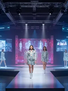 Futuristic fashion event runway with holographic screens and digital tech, showcasing advanced event technology.