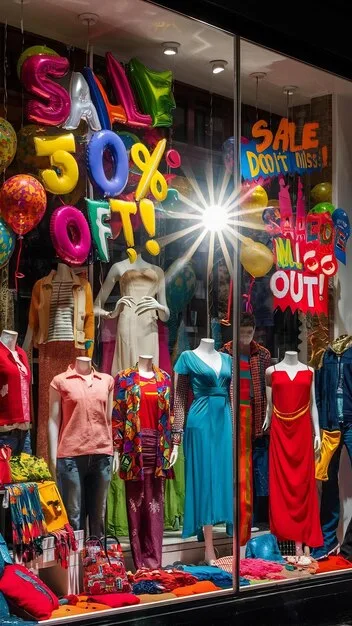 A neatly organized rack of pre-loved clothing in a vibrant thrift store, with various colors and textures, a