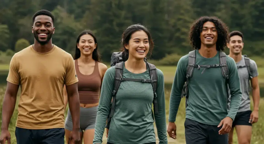 Consumers wearing recycled polyester athletic wear outdoors in the US.
