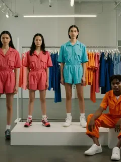 Sustainable fashion display with garments made from recycled polyester in a US store.