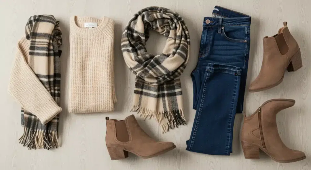 Versatile fall winter wardrobe essentials flat lay