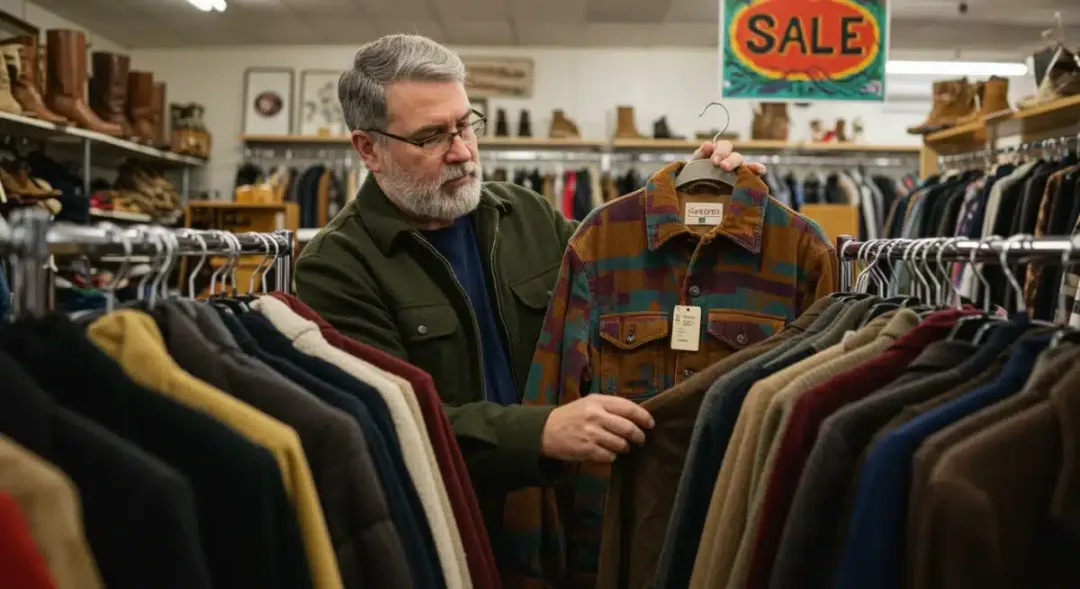 Shopping for budget fall winter fashion at thrift store