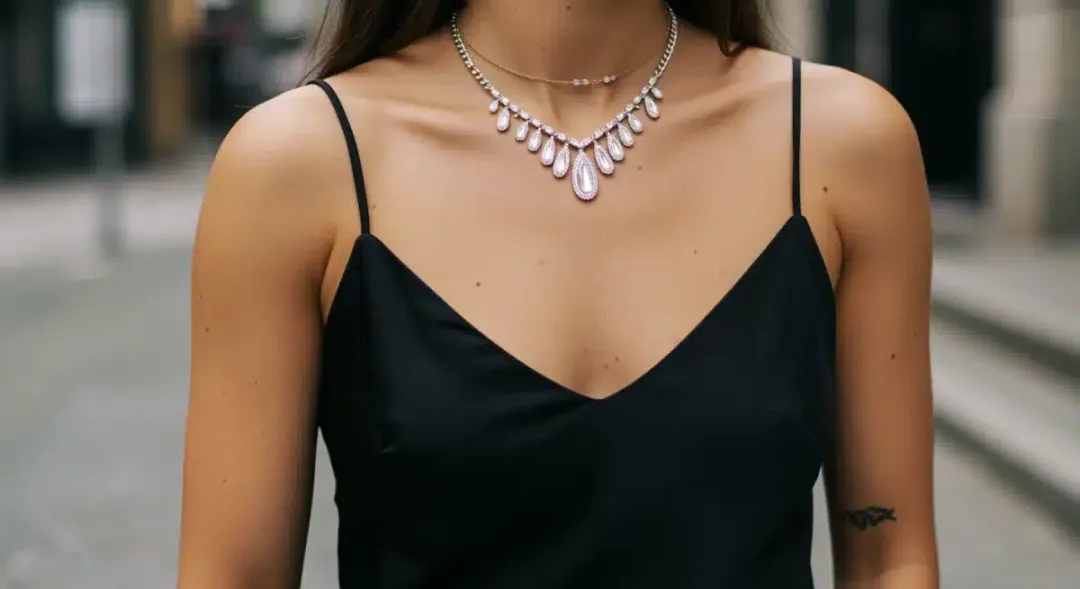 Woman accessorizing a slip dress for a glamorous red carpet look.