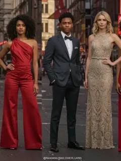 Diverse models confidently displaying budget-friendly red carpet inspired outfits.