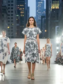Models on a runway at a major US fashion event, showcasing innovative designs.