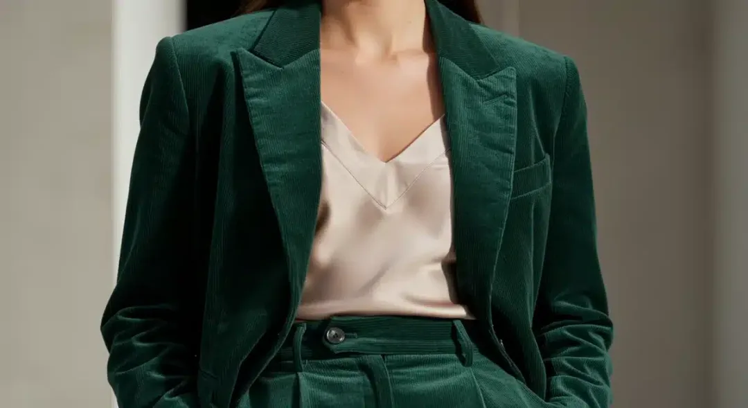 Corduroy blazer with silk camisole and tailored trousers