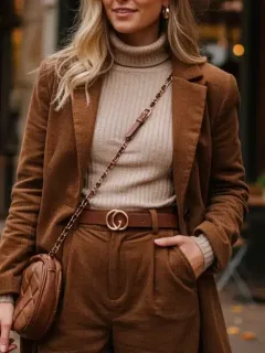 Woman in stylish corduroy outfit for fall fashion
