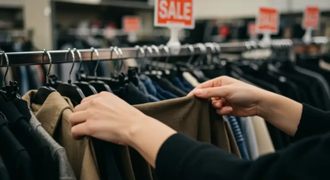 Hands searching for sustainable fashion deals in a thrift store