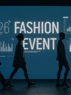 Attendees at a US fashion event with digital screens displaying 2026 event details and data graphics.