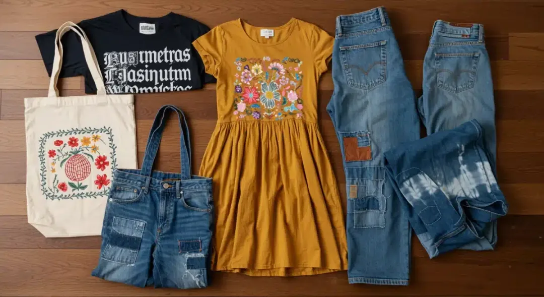 Repurposed and creatively patched clothing items, showcasing sustainable fashion transformations.