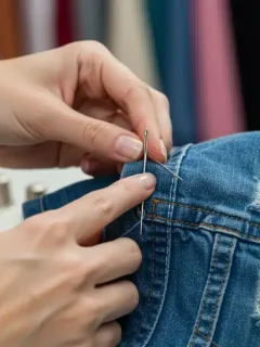 Hands repairing a denim jacket with needle and thread, symbolizing DIY fashion fixes.