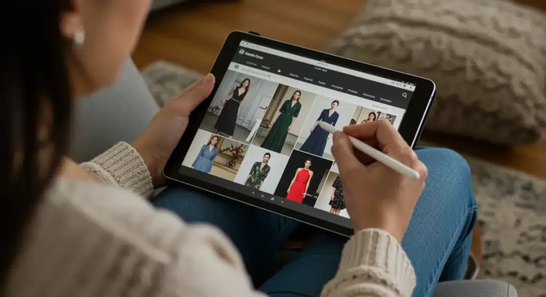 Woman browsing online designer dress rental platform