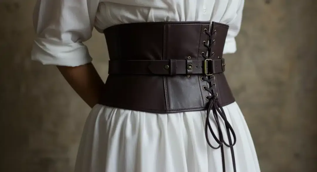 Close-up of a dark leather corset belt cinching a white dress, showcasing intricate details.