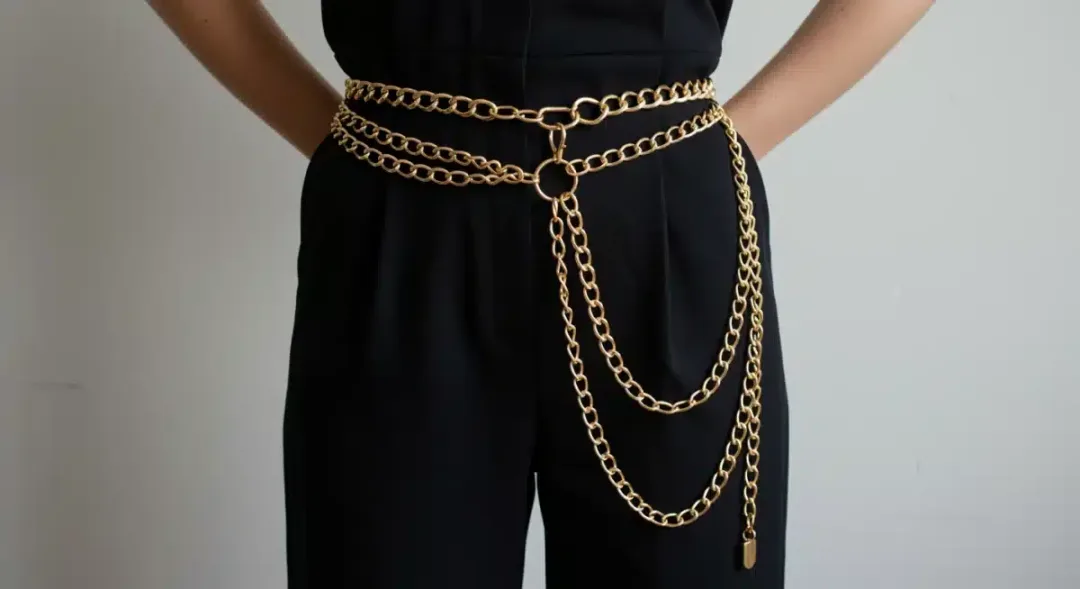 Stylish oversized gold chain belt adorning a black jumpsuit, adding vintage glamour.