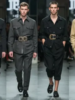 Fashion models displaying distinct statement belts on a runway, highlighting 2026 accessory trends.