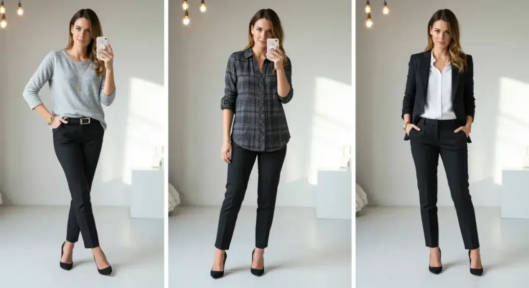 Woman demonstrating three distinct styles from one celebrity outfit