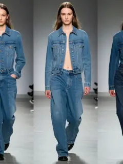 Models on a runway showcasing the latest denim jean styles dominating US fashion trends.