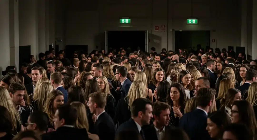 Attendees at a US fashion event with emergency exit signs visible