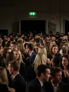 Attendees at a US fashion event with emergency exit signs visible
