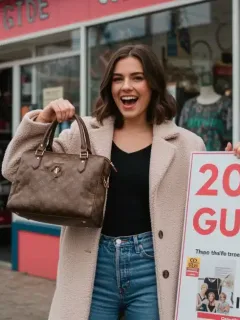 Woman proudly displaying a designer find outside a thrift store, embodying the 2026 guide to budget fashion.