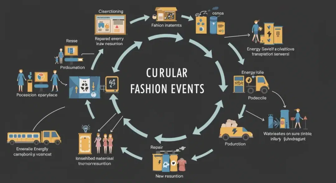 Circular economy diagram for sustainable fashion event materials and energy.