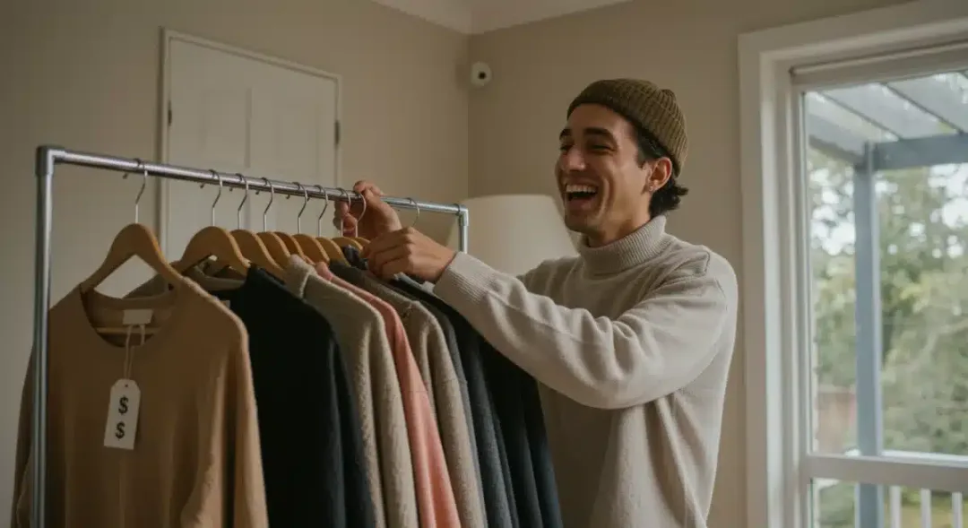 Woman smiling, organizing a budget-friendly wardrobe with stylish, affordable clothes.