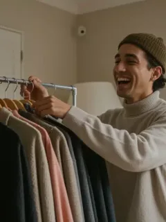 Woman smiling, organizing a budget-friendly wardrobe with stylish, affordable clothes.