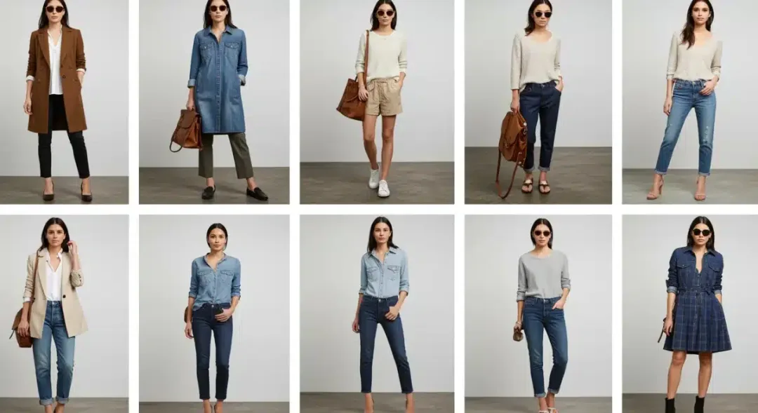Collage of 9 outfits created from a 15-piece capsule wardrobe
