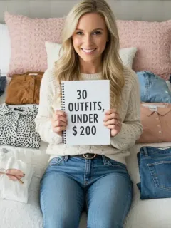 Woman planning a capsule wardrobe with 15 pieces for 30 outfits under $200